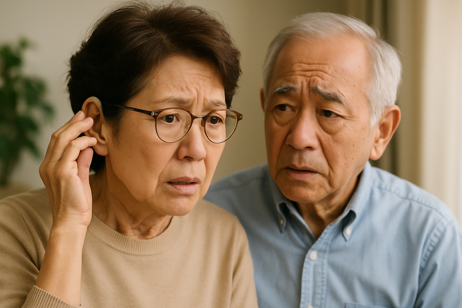 会話中に聞き返している高齢者の様子を描いた補聴器使用シーンのイラスト